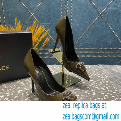 Versace Heel 9.5cm La Medusa Pumps Patent Olive Green 2023 - Click Image to Close