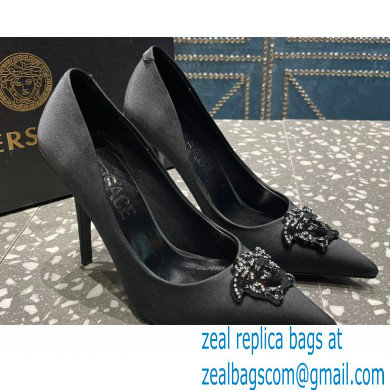 Versace Heel 9.5cm La Medusa Pumps Satin Black 2023 - Click Image to Close