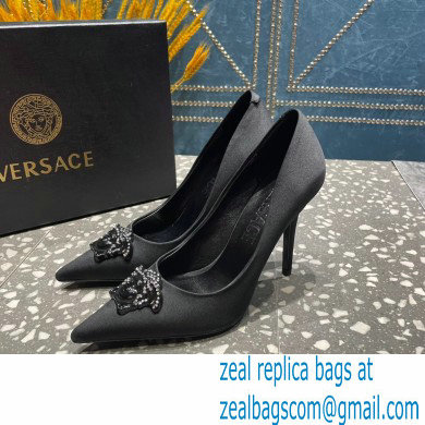 Versace Heel 9.5cm La Medusa Pumps Satin Black 2023 - Click Image to Close