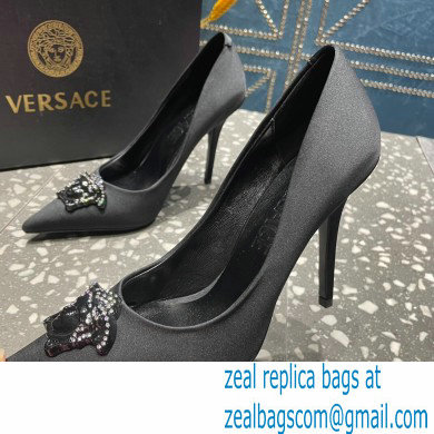 Versace Heel 9.5cm La Medusa Pumps Satin Black 2023 - Click Image to Close