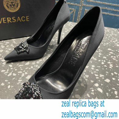 Versace Heel 9.5cm La Medusa Pumps Satin Black 2023 - Click Image to Close