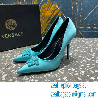Versace Heel 9.5cm La Medusa Pumps Satin Turquoise Green 2023 - Click Image to Close