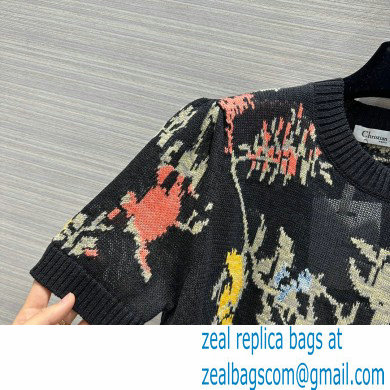 dior Black Hemp Jacquard with Multicolor Dior Petites Fleurs Motif Puff-Sleeve Top 2023