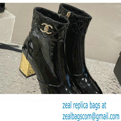 Chanel Gold Heel 7cm Patent Goatskin Short Boots G39736 Black 2023