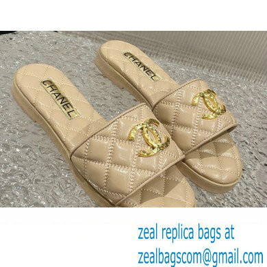 Chanel Heel 2cm Gold CC Logo Lambskin Quilting Mules G45014 Beige 2023