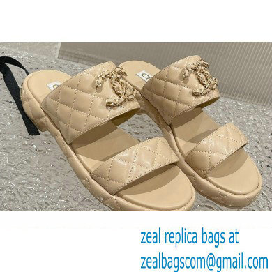 Chanel Heel 3cm Gold CC Logo Lambskin Quilting Mules Sandals Beige 2023