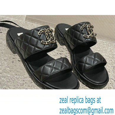 Chanel Heel 3cm Gold CC Logo Lambskin Quilting Mules Sandals Black 2023