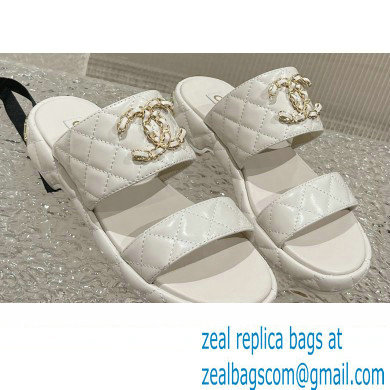 Chanel Heel 3cm Gold CC Logo Lambskin Quilting Mules Sandals White 2023