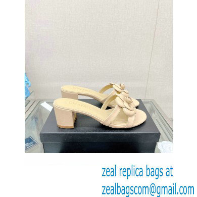 Chanel Heel 5.5cm Camellia and Pearl Mules Beige 2023
