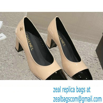 Chanel Heel 6.5cm Patent Calfskin Pumps G45053 Beige/Black 2023