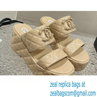 Chanel Heel 7.5cm Gold CC Logo Lambskin Quilting Platform Mules Sandals Beige 2023