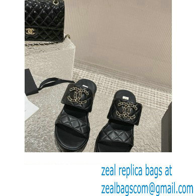Chanel Heel 7.5cm Gold CC Logo Lambskin Quilting Platform Mules Sandals Black 2023