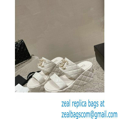 Chanel Heel 7.5cm Gold CC Logo Lambskin Quilting Platform Mules Sandals White 2023