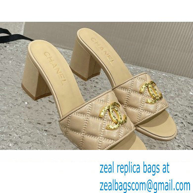 Chanel Heel 7cm Gold CC Logo Lambskin Quilting Mules G45014 Beige 2023