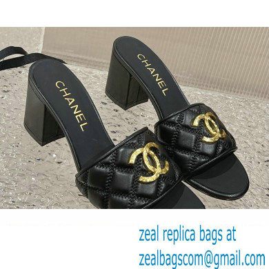 Chanel Heel 7cm Gold CC Logo Lambskin Quilting Mules G45014 Black 2023