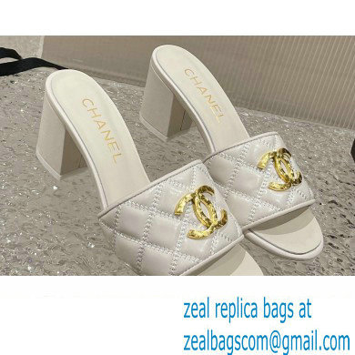 Chanel Heel 7cm Gold CC Logo Lambskin Quilting Mules G45014 White 2023
