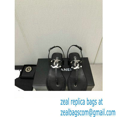Chanel Metal CC Logo Thong Sandals Grained Leather Black 2023