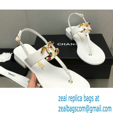 Chanel Metal CC Logo Thong Sandals Smooth Leather White 2023