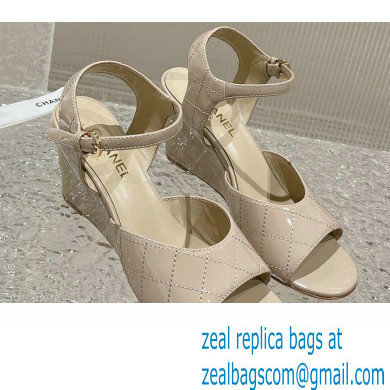 Chanel Quilting Wedge Sandals Patent Beige 2023