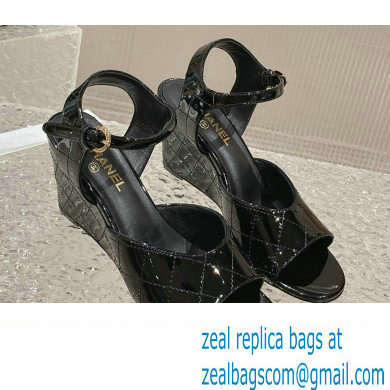 Chanel Quilting Wedge Sandals Patent Black 2023