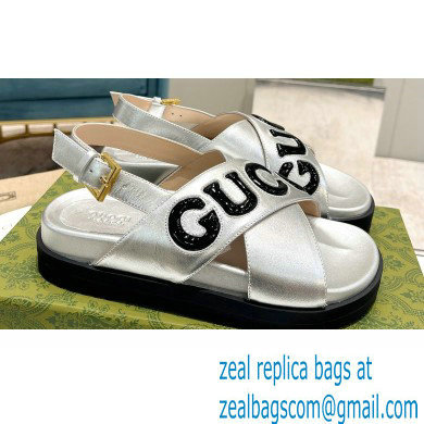 Gucci script Leather Sandals 738691 Silver/Black 2023