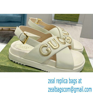 Gucci script Leather Sandals 738691 White/Gold 2023