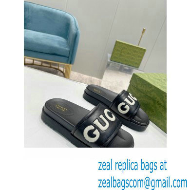 Gucci script Leather Slide Sandals Black/White 2023