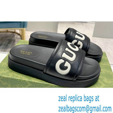 Gucci script Leather Slide Sandals Black/White 2023