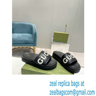 Gucci script Leather Slide Sandals Black/White 2023