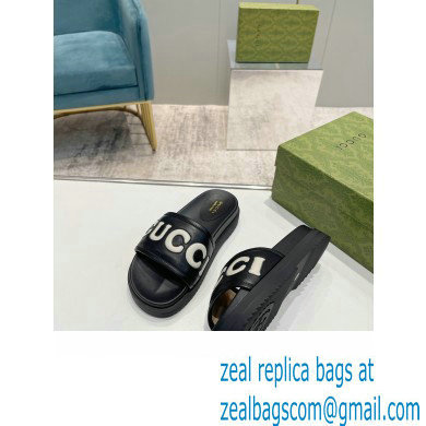 Gucci script Leather Slide Sandals Black/White 2023