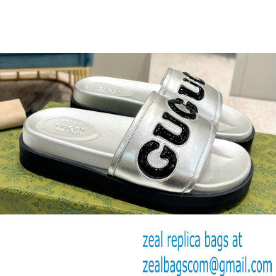 Gucci script Leather Slide Sandals Silver/Black 2023