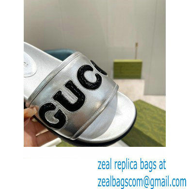 Gucci script Leather Slide Sandals Silver/Black 2023