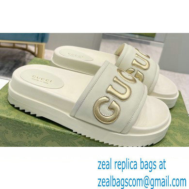 Gucci script Leather Slide Sandals White/Gold 2023 - Click Image to Close