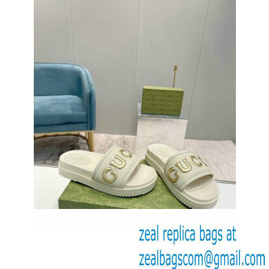 Gucci script Leather Slide Sandals White/Gold 2023 - Click Image to Close