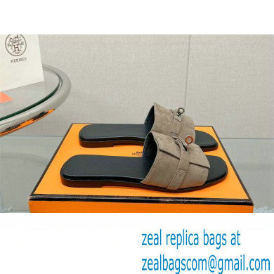 Hermes Giulia FLAT sandal in calfskin suede gray 2023 - Click Image to Close