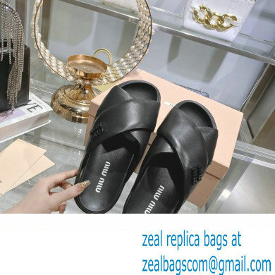 Miu Miu Leather Platform slides Black with metal lettering logo 2023 - Click Image to Close