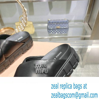 Miu Miu Leather Platform slides Black with metal lettering logo 2023 - Click Image to Close