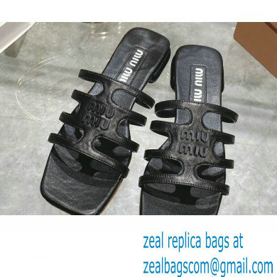 Miu Miu Leather sandals Black with metal lettering logo 2023 - Click Image to Close