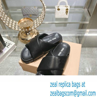 Miu Miu Leather slides Black with metal lettering logo 2023 - Click Image to Close