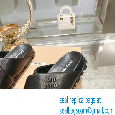 Miu Miu Leather slides Black with metal lettering logo 2023 - Click Image to Close