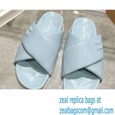 Miu Miu Leather slides Blue with metal lettering logo 2023 - Click Image to Close