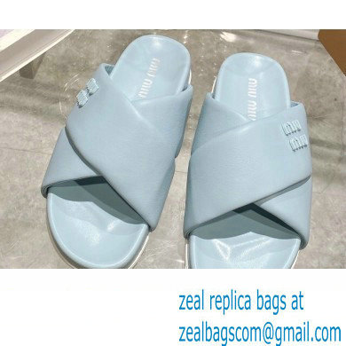 Miu Miu Leather slides Blue with metal lettering logo 2023