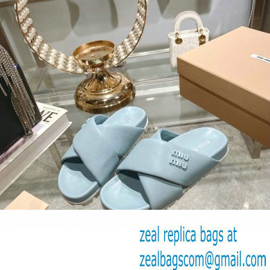 Miu Miu Leather slides Blue with metal lettering logo 2023 - Click Image to Close