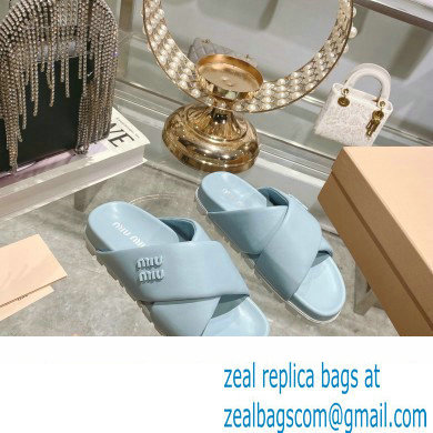 Miu Miu Leather slides Blue with metal lettering logo 2023