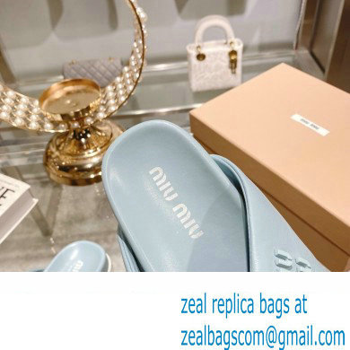 Miu Miu Leather slides Blue with metal lettering logo 2023