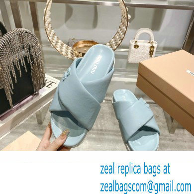 Miu Miu Leather slides Blue with metal lettering logo 2023