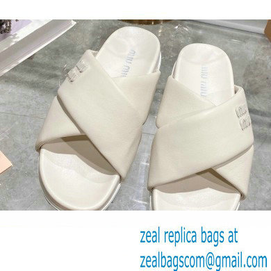 Miu Miu Leather slides Creamy with metal lettering logo 2023 - Click Image to Close