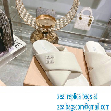 Miu Miu Leather slides Creamy with metal lettering logo 2023 - Click Image to Close