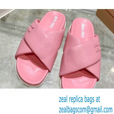 Miu Miu Leather slides Pink with metal lettering logo 2023 - Click Image to Close