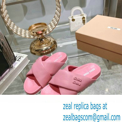 Miu Miu Leather slides Pink with metal lettering logo 2023 - Click Image to Close